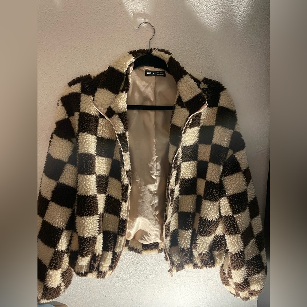 SHEIN checkered zip up teddy jacket
